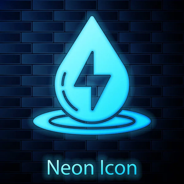 Glödande Neon Vatten Energi Ikon Isolerad Tegel Vägg Bakgrund Ekologi — Stock vektor
