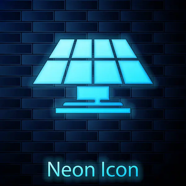 Glowing Neon Solar Energy Panel Icon Isolated Brick Wall Background — Stock Vector