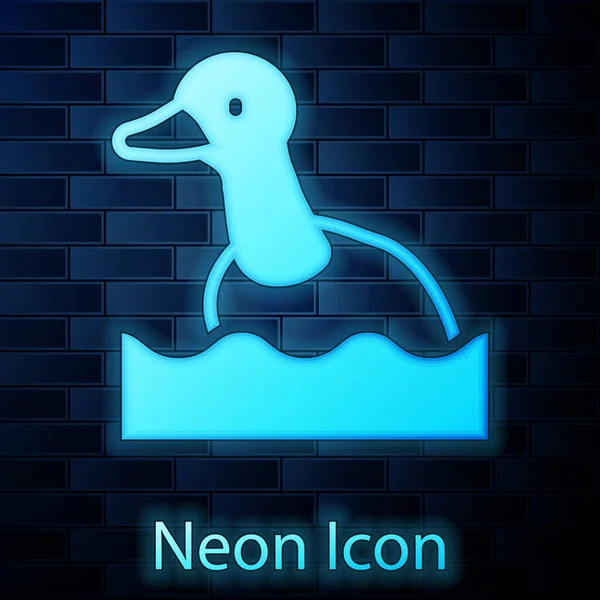 Leuchtende Neon Flying Duck Symbol Isoliert Auf Backsteinwand Hintergrund Vektor — Stockvektor