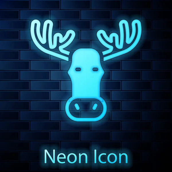 Glödande Neon Älghuvud Med Horn Ikon Isolerad Tegelvägg Bakgrund Vektor — Stock vektor