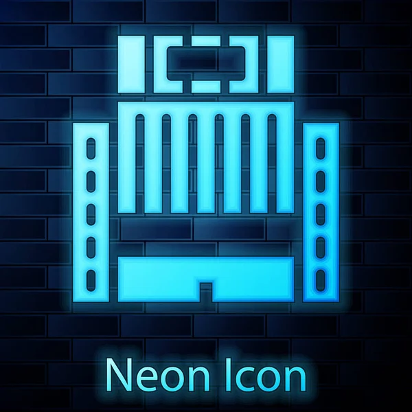Glowing Neon Hotel Ukraina Building Icon Isolated Brick Wall Background — Stock Vector