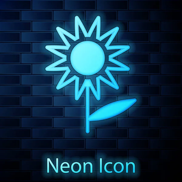 Glödande Neon Solros Ikon Isolerad Tegel Vägg Bakgrund Vektor — Stock vektor
