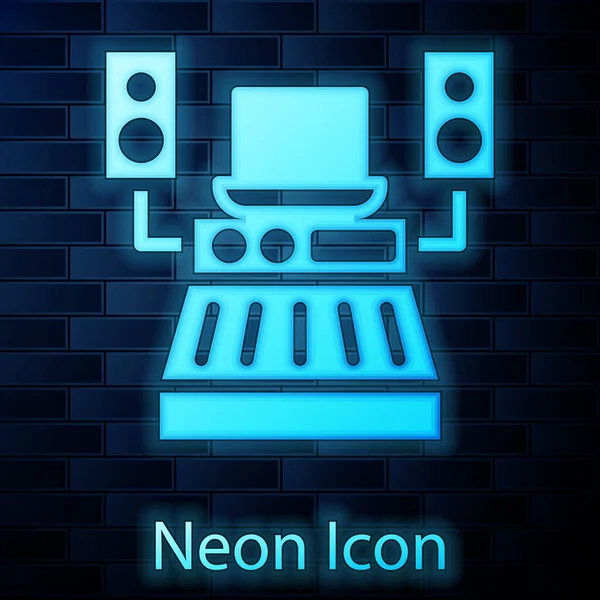 Glödande Neon Musik Ljud Inspelning Studio Kontrollrum Med Professionell Utrustning — Stock vektor