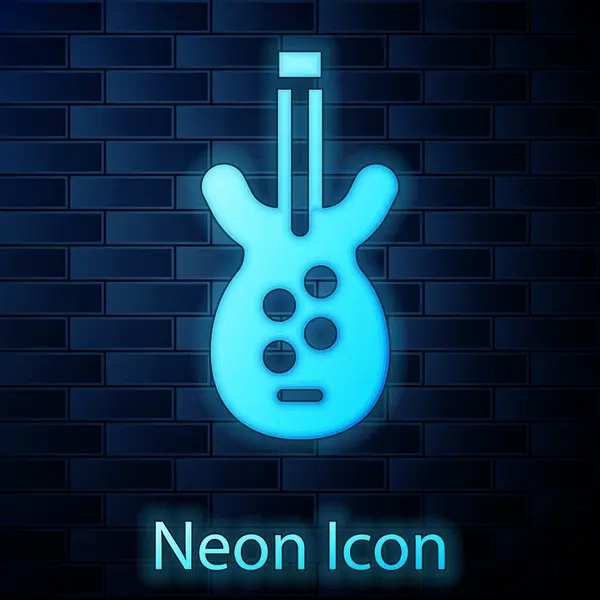 Светящийся Неоновый Электрический Бас Гитара Значок Изолирован Фоне Кирпичной Стены — стоковый вектор