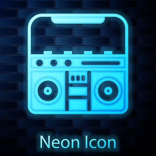 Glowing Neon Home Stereo Two Speakers Icon Isolated Brick Wall — Stock Vector