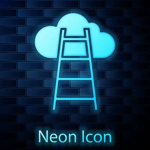 Glödande Neon Trappa Med Finish Flagga Ikon Isolerad Tegel Vägg — Stock vektor