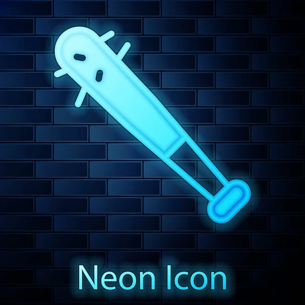 Glödande Neon Baseball Bat Med Spik Ikon Isolerad Tegel Vägg — Stock vektor
