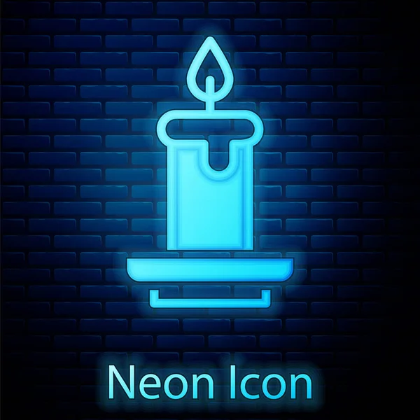 Zářící Neon Aroma Svíčka Ikona Izolované Pozadí Cihlové Zdi Vektor — Stockový vektor