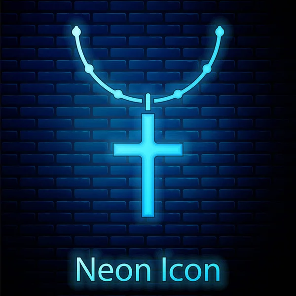 Leuchtendes Neonfarbenes Christliches Kreuz Auf Kettensymbol Isoliert Auf Backsteinwand Hintergrund — Stockvektor