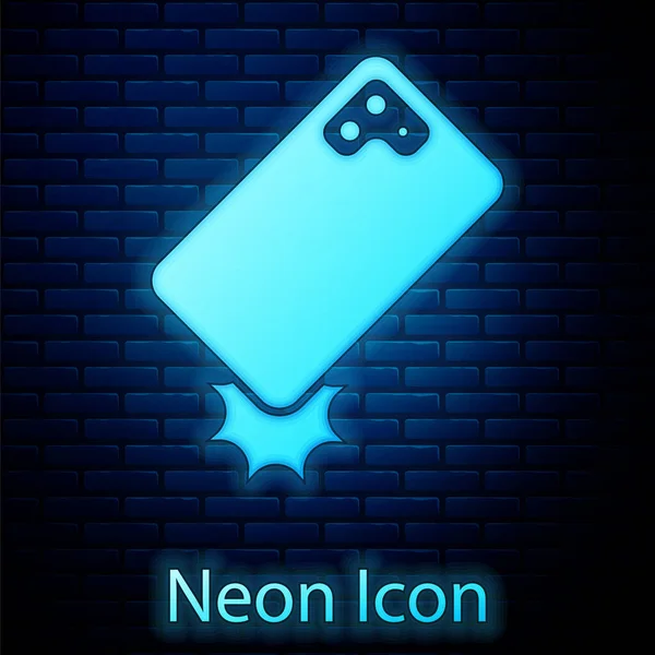 Lumineux Néon Icône Téléphone Portable Choc Isolé Sur Fond Mur — Image vectorielle
