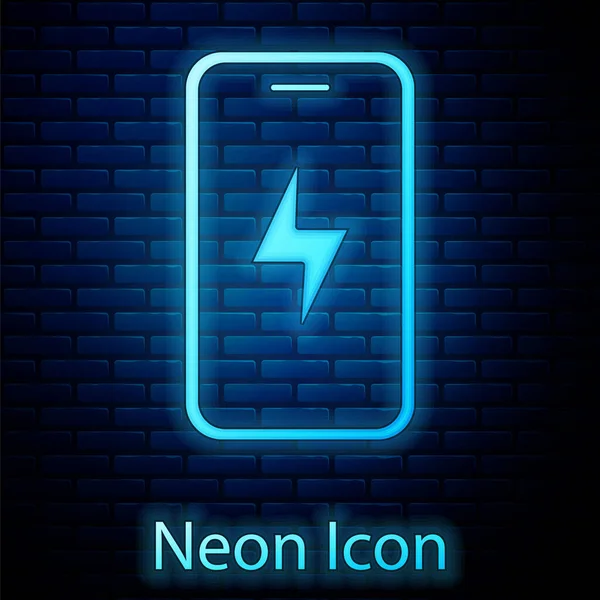 Glowing Neon Smartphone Charging Battery Icon Isolated Brick Wall Background — Stock Vector