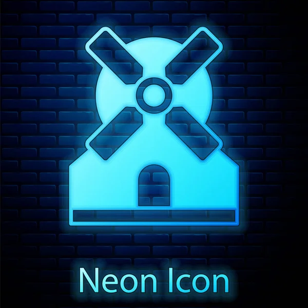 Gloeiende Neon Windmolen Icoon Geïsoleerd Bakstenen Muur Achtergrond Vector — Stockvector