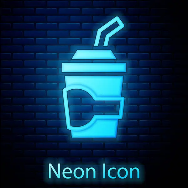 Glödande Neon Pappersglas Med Dricka Halm Och Vatten Ikon Isolerad — Stock vektor