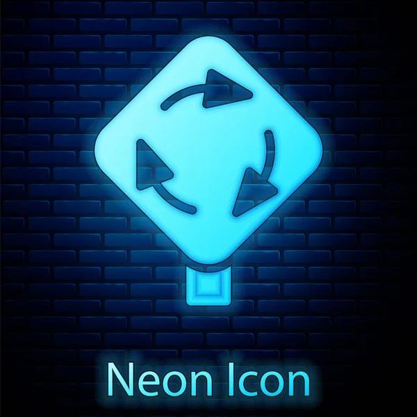 Zářící Neonový Kruhový Objezd Dopravní Ikony Izolované Pozadí Cihlové Zdi — Stockový vektor