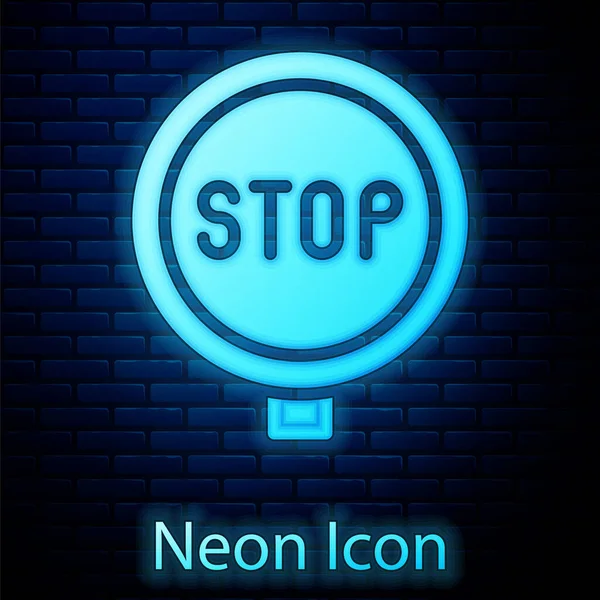 Gloeiende Neon Stop Teken Pictogram Geïsoleerd Baksteen Muur Achtergrond Waarschuwingsstopsymbool — Stockvector