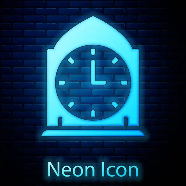Parlayan Neon Saat Simgesi Tuğla Duvar Arka Planında Izole Edildi — Stok Vektör