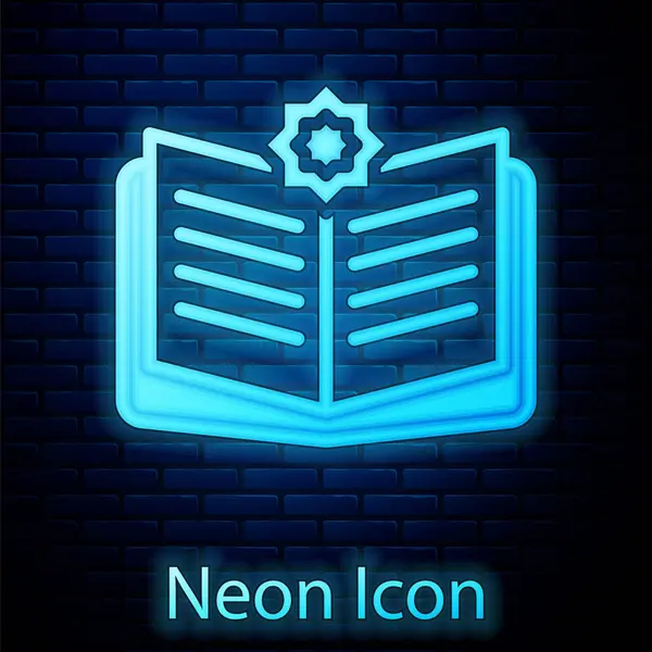 Świecący Neon Święta Księga Koranu Ikona Odizolowana Tle Cegły Ściany — Wektor stockowy