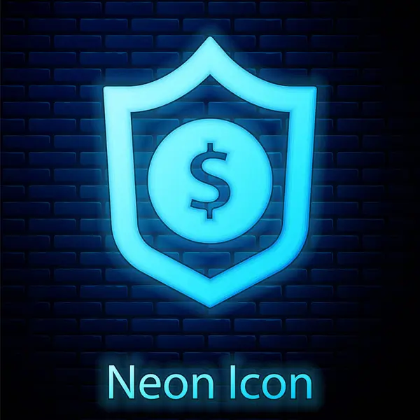 Glowing Neon Shield Dollar Symbol Icon Isolated Brick Wall Background — Stock Vector