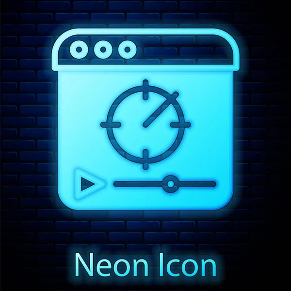 Brilhante Neon Online Jogar Ícone Vídeo Isolado Fundo Parede Tijolo — Vetor de Stock