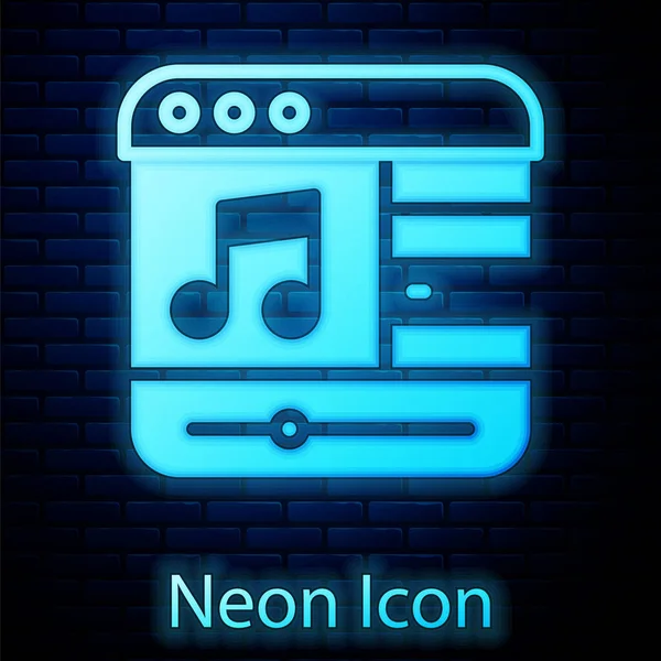 Glowing Neon Music Player Icon Isolated Brick Wall Background Portable — Stock Vector