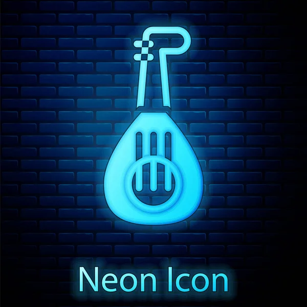 Glowing Neon Musical Instrument Lute Icon Isolated Brick Wall Background — Stock Vector