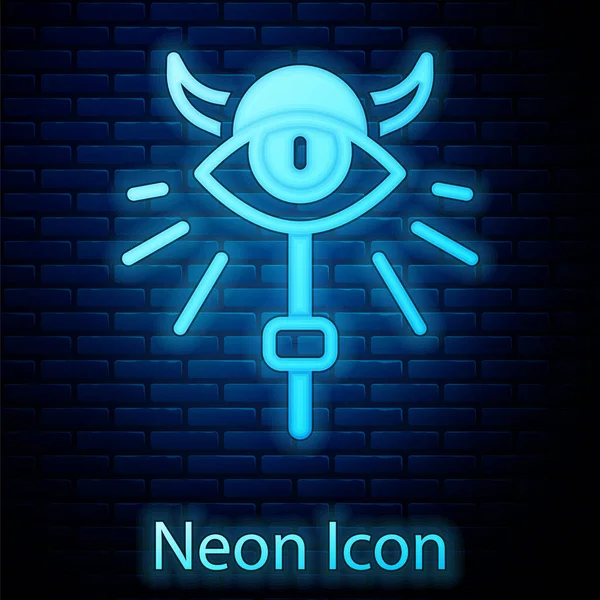 Glowing Neon Magic Staff Icon Isolated Brick Wall Background Magic — Stock Vector