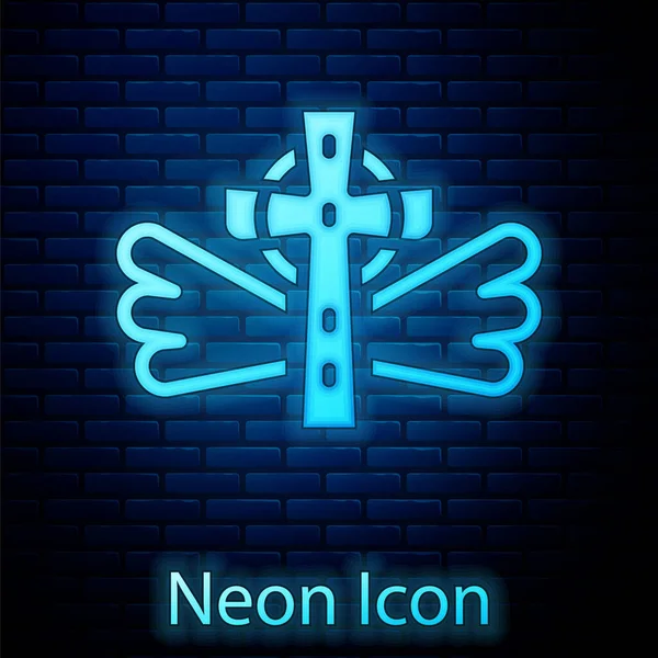 Glowing Neon Christian Cross Icon Isolated Brick Wall Background Church — Stock Vector