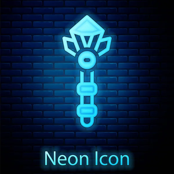 Leuchtende Neon Zauberstab Symbol Isoliert Auf Backsteinwand Hintergrund Magisches Accessoire — Stockvektor