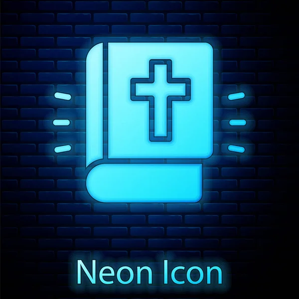 Glödande Neon Heliga Bibel Bok Ikon Isolerad Tegel Vägg Bakgrund — Stock vektor