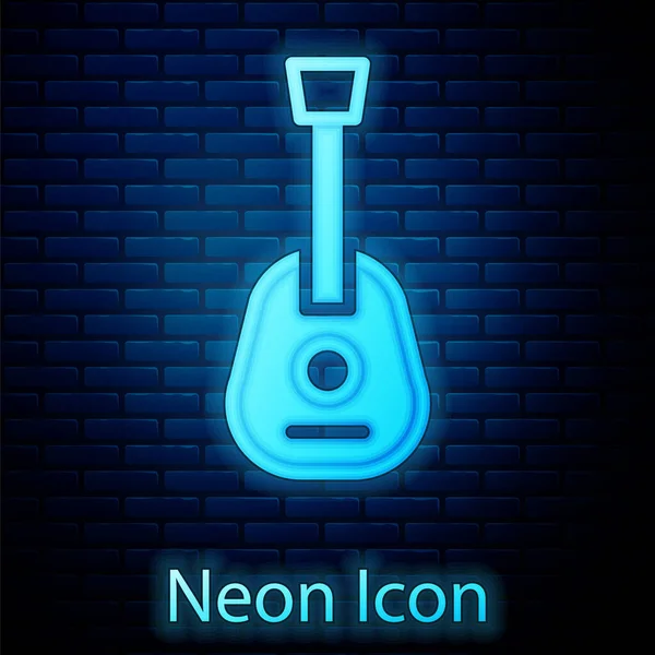 Glowing Neon Guitar Icon Isolated Brick Wall Background Acoustic Guitar — Stock Vector