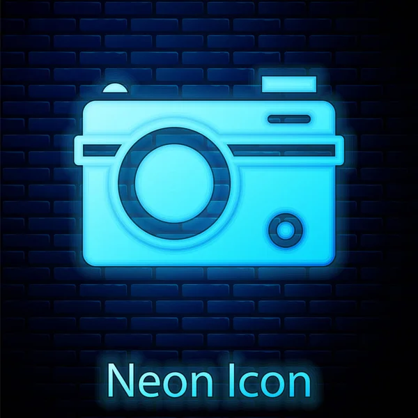 Leuchtende Neon Fotokamera Ikone Isoliert Auf Backsteinwand Hintergrund Fotokamera Digitale — Stockvektor