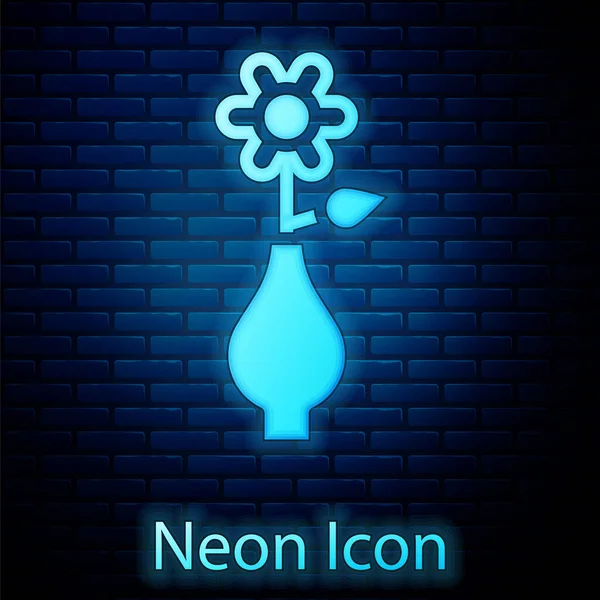 Zářící Neon Flower Ikonu Vázy Izolované Cihlové Zdi Pozadí Vektor — Stockový vektor