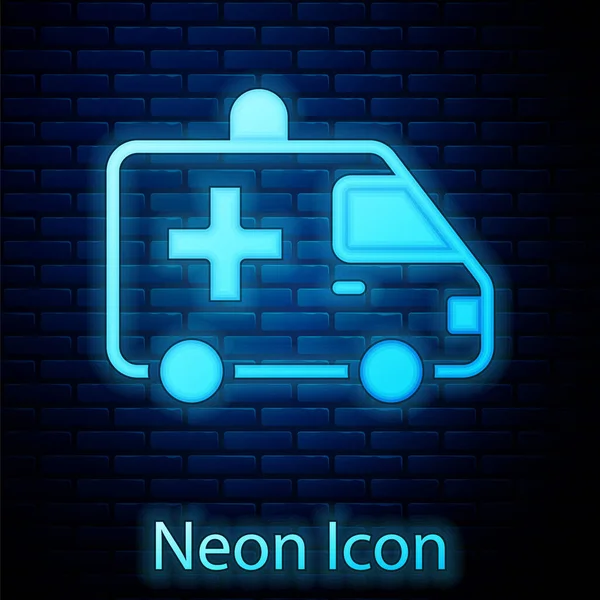 Glowing Neon Ambulance Emergency Car Icon Isolated Brick Wall Background — Stock Vector