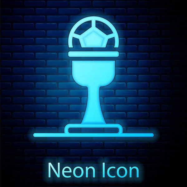 Glowing Neon Award Cup Football Ball Icon Isolated Brick Wall — Stock Vector