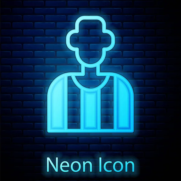 Glowing Neon Football Soccer Referee Icon Isolated Brick Wall Background — Stock Vector
