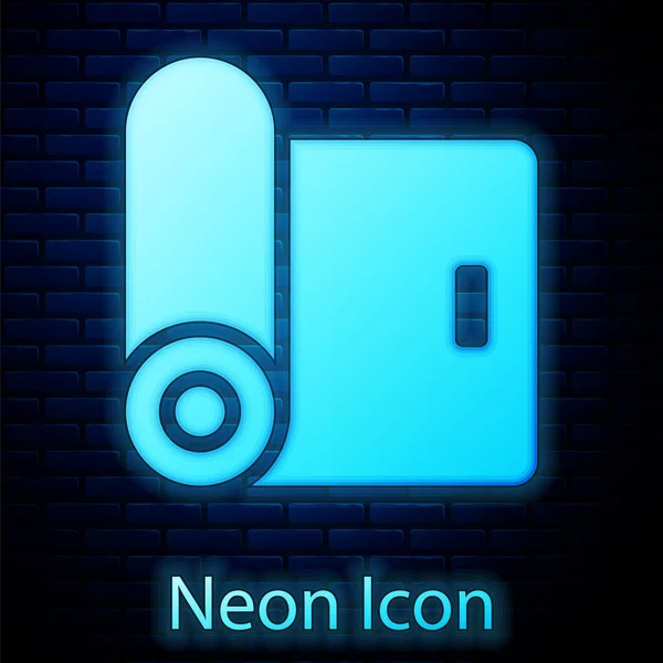 Glödande Neon Fitness Matta Rulle Ikon Isolerad Tegel Vägg Bakgrund — Stock vektor