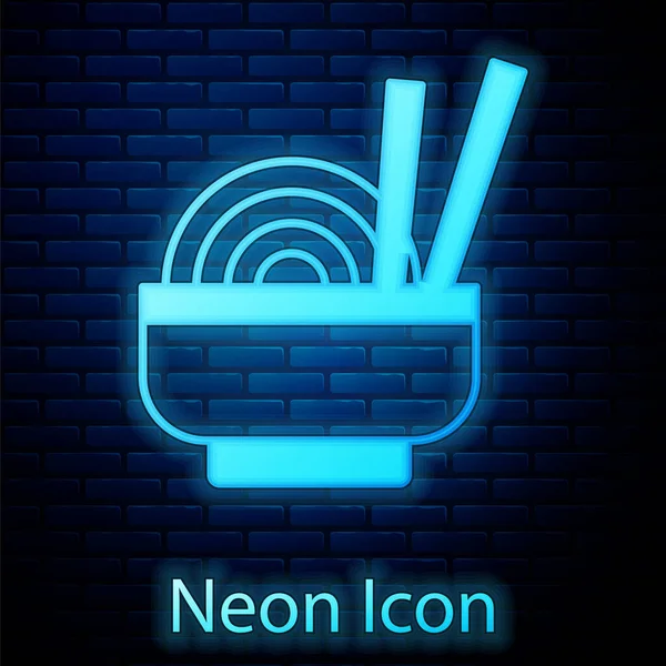 Glödande Neon Asiatiska Nudlar Skål Och Ätpinnar Ikon Isolerad Tegel — Stock vektor