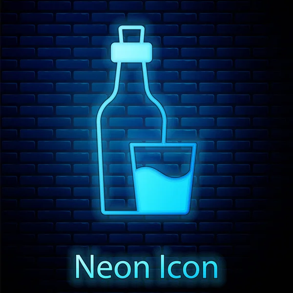 Glowing Neon Soju Bottle Icon Isolated Brick Wall Background Korean — Stock Vector