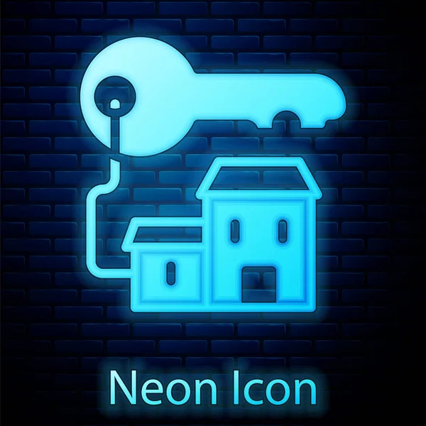 Glowing Neon Winning House Key Icon Isolated Brick Wall Background — Stock Vector