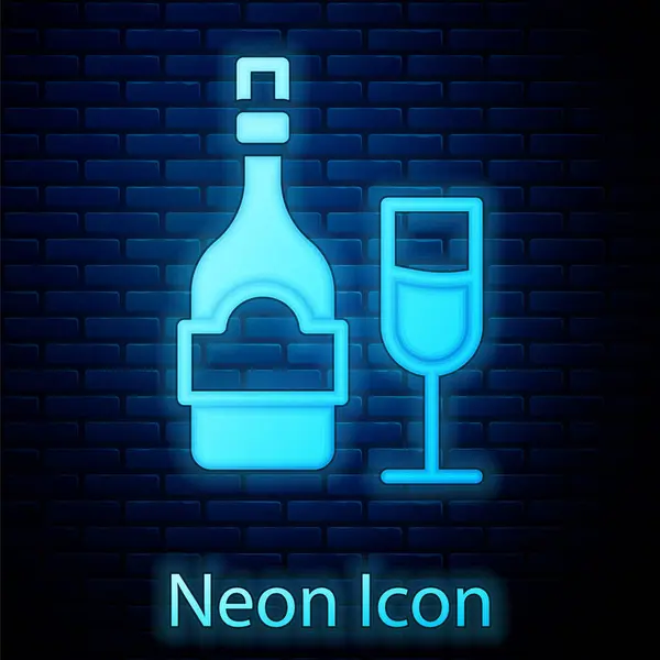 Светящаяся Неоновая Бутылка Шампанского Стеклянной Иконкой Фоне Кирпичной Стены Вектор — стоковый вектор