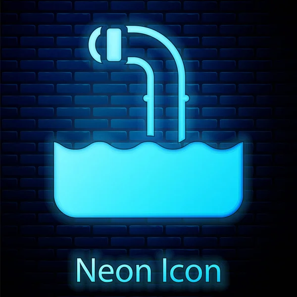 Glowing Neon Periscope Waves Water Icon Isolated Brick Wall Background — Stock Vector