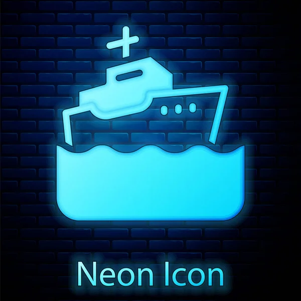 Glowing Neon Cruise Ship Icon Isolated Brick Wall Background Travel — Stock Vector