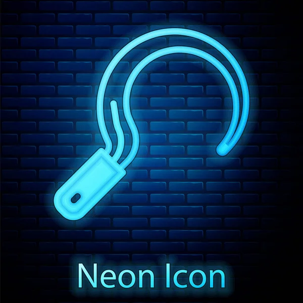Zářící Neonová Ikona Srpu Izolovaná Pozadí Cihlové Stěny Sklizeň Háku — Stockový vektor