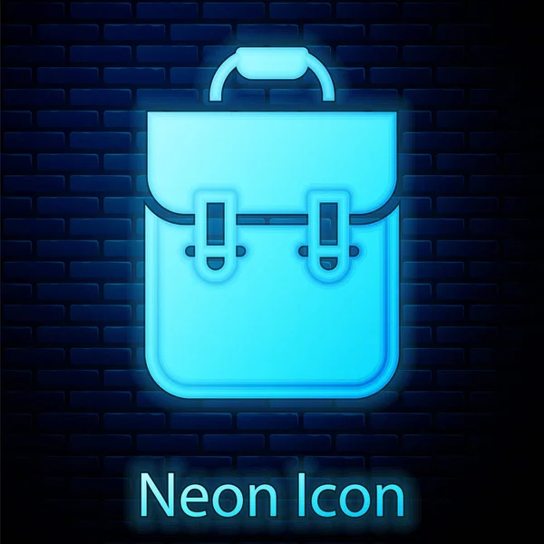 Glowing Neon School Backpack Icon Isolated Brick Wall Background Vector — Stock Vector