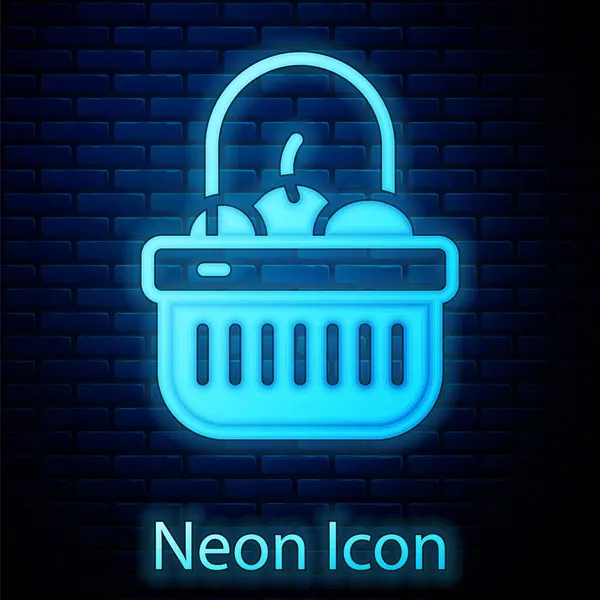 Leuchtende Neon Einkaufskorb Und Lebensmittel Symbol Isoliert Auf Backsteinwand Hintergrund — Stockvektor