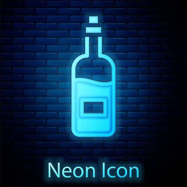 Glödande Neon Flaska Vin Ikon Isolerad Tegelvägg Bakgrund Vektor — Stock vektor