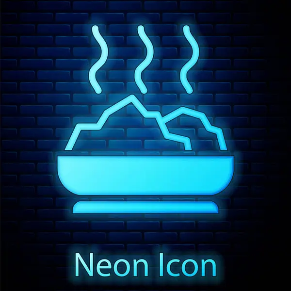 Glödande Neon Skål Med Varm Soppa Ikon Isolerad Tegelvägg Bakgrund — Stock vektor