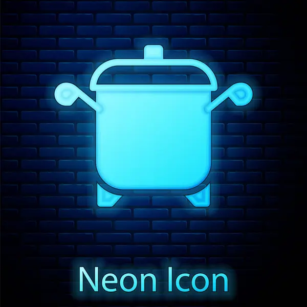 Glowing Neon Cooking Pot Icon Isolated Brick Wall Background Boil — Stock Vector