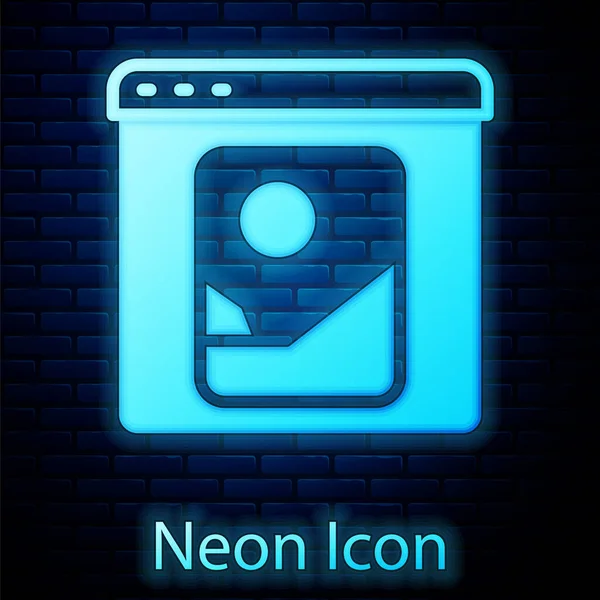 Glowing Neon Photo Retouching Icon Isolated Brick Wall Background Photographer — Stock Vector