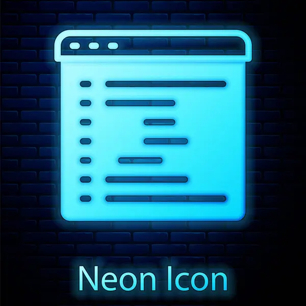 Glödande Neon Browser Fönster Ikonen Isolerad Tegel Vägg Bakgrund Vektor — Stock vektor